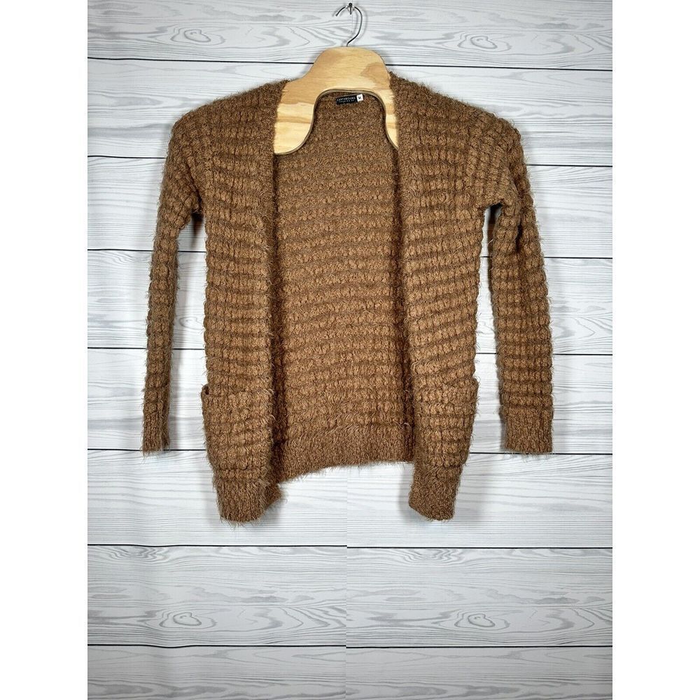 Earthbound‎ Trading Womens Knit Crochet Open Front Cardigan Tan Size M